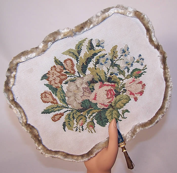 Victorian Antique Needlepoint Petitpoint Handscreen Fixed Fan