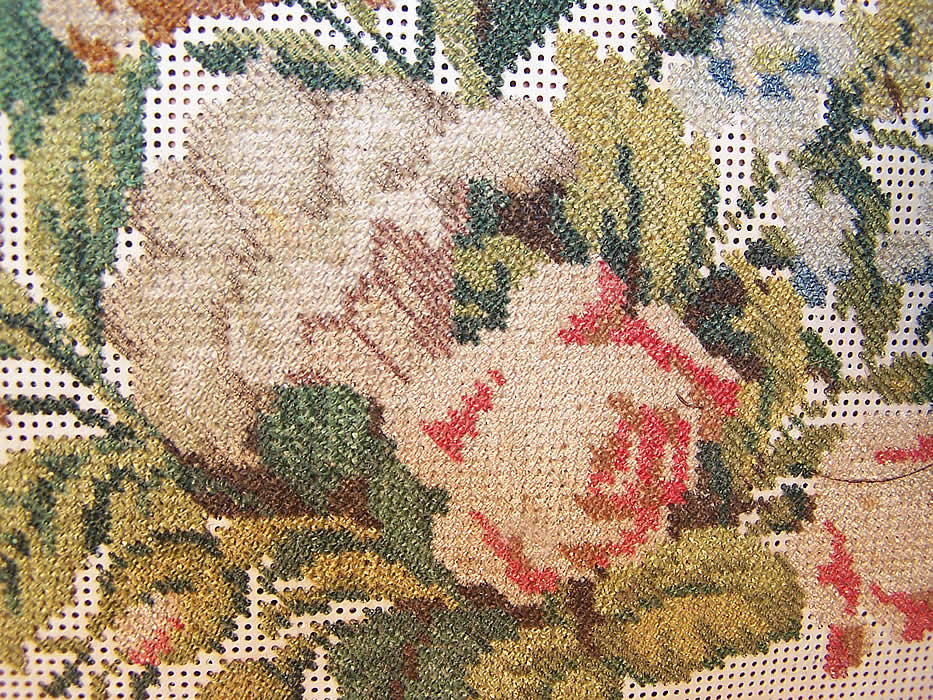 Victorian Antique Needlepoint Petitpoint Handscreen Fixed Fan close up