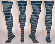 Victorian Teal Blue Striped Plaid Cotton Knit Thigh High Garter Stockings Socks