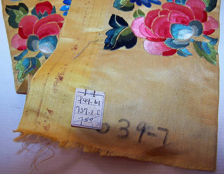 Antique Chinese Silk Embroidered Forbidden Stitch Peony Robe Sleeve Band Cuffs Pair