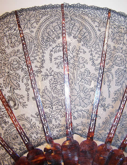 Victorian Antique Geslin A Paris France Black Chantilly Lace French Fan