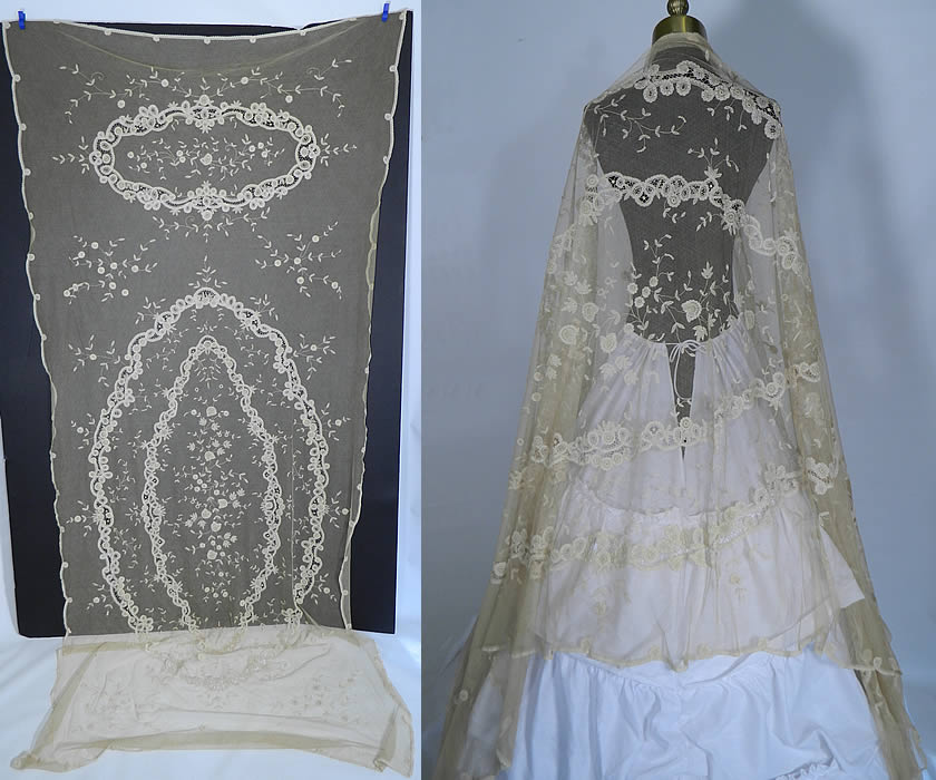 Vintage Antique Rosette Net Princess Bobbin Lace Bedspread Shawl