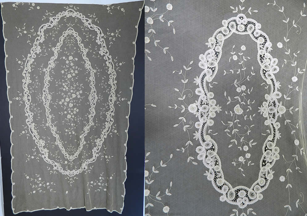 Vintage Antique Rosette Net Princess Bobbin Lace Bedspread Shawl