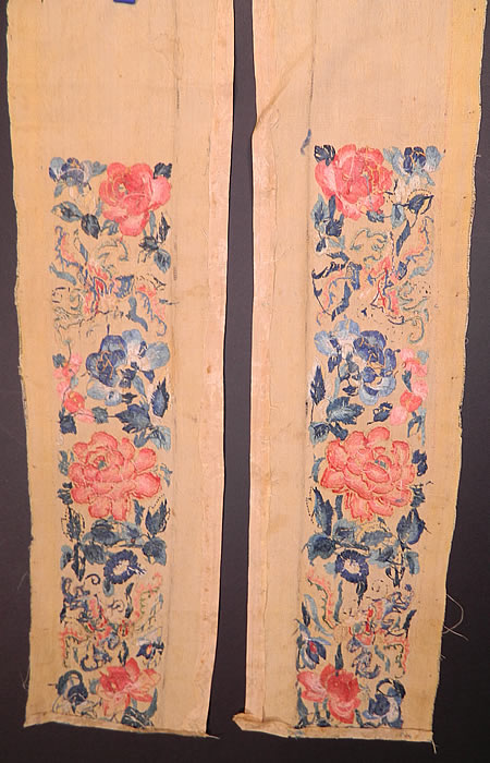 Antique Chinese Yellow Silk Embroidered Forbidden Stitch Robe Sleeve Band Cuffs Pair 