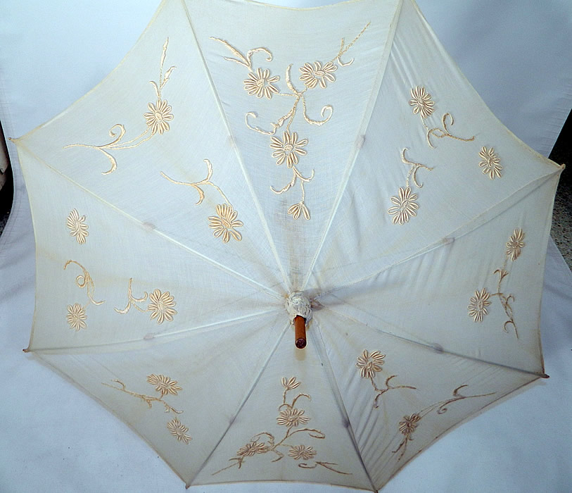 Edwardian Embroidered White Cotton Carved Wood Handle Summer Parasol