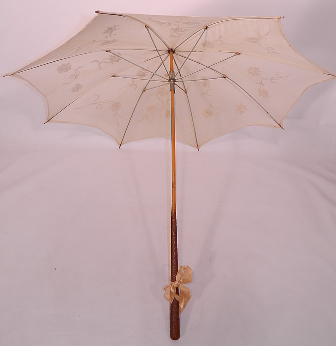 Edwardian Embroidered White Cotton Carved Wood Handle Summer Parasol