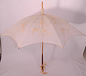 Edwardian Embroidered White Cotton Carved Wood Handle Summer Parasol