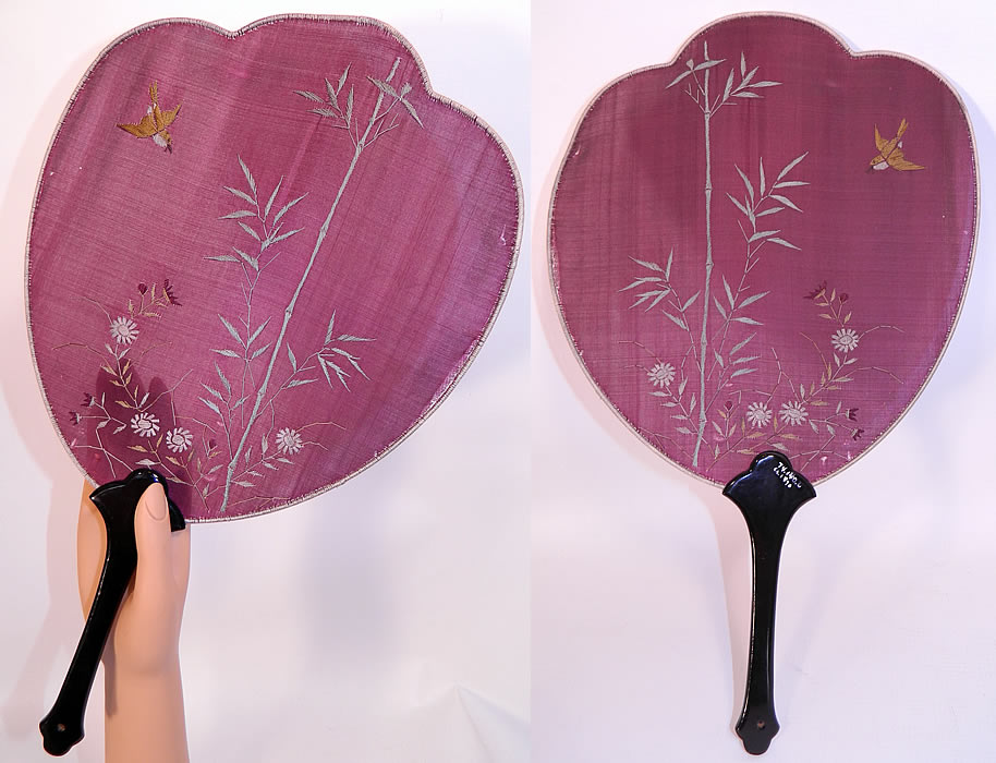 Antique Japanese Sparrow Bird Silk Embroidered Handscreen Fixed Fan is made of pinkish purple mauve color fine sheer silk, with pastel silk raised padded satin stitch hand embroidered flowers, bamboo and a sparrow bird. 