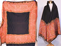 Victorian Antique Jacquard Loom Wool Large Black Square Center Paisley Shawl