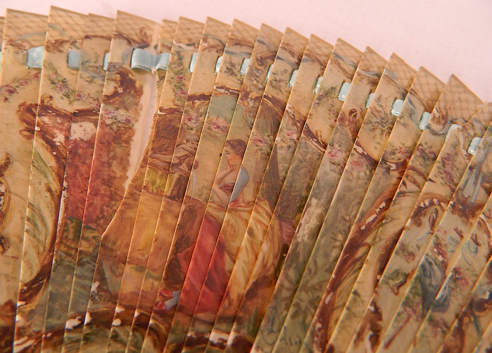 Victorian Antique Hand Painted Figural Bone Small Brise Dance Fan. It is in good condition, with some wear, paint loss and a broken piece missing on one stick near the center .