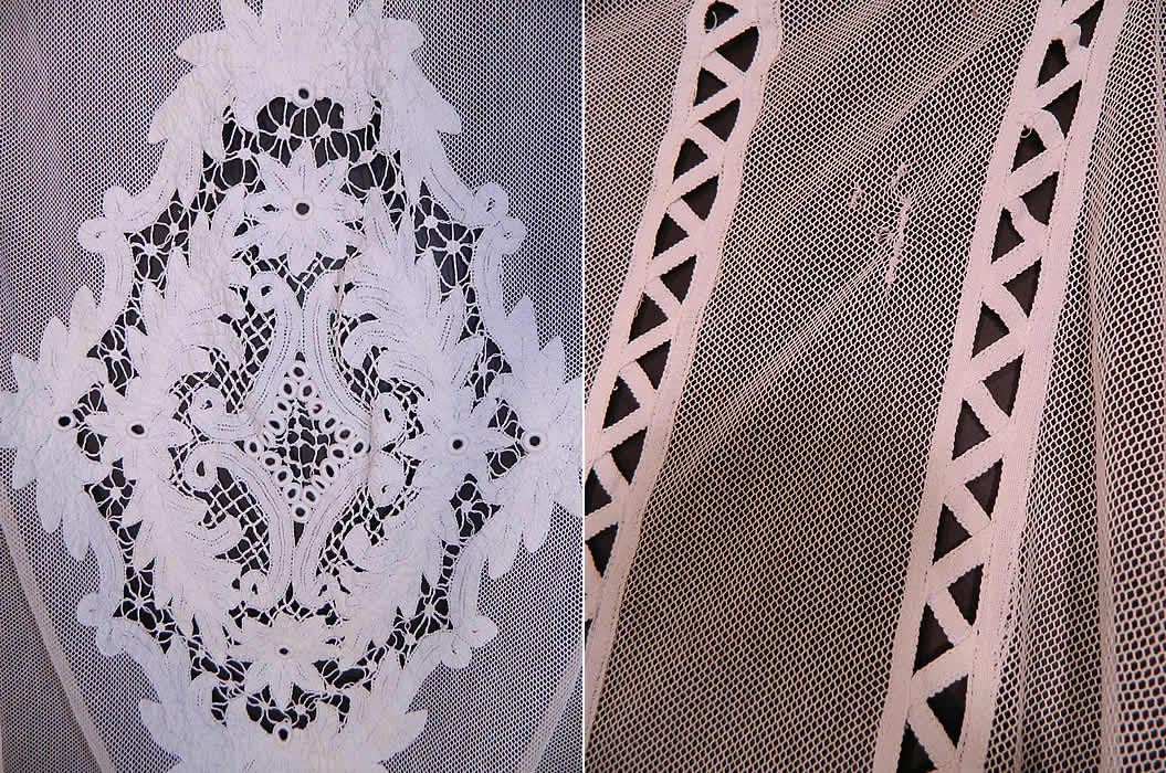 Antique White Battenburg Tape Lace Net Bedspread. There is a decorative diamond shaped medallion lace design center and flowers surrounding it. This lovely lace bedspread bed cover is a work of art and would have been used in a lady's private boudoir bedroom. 