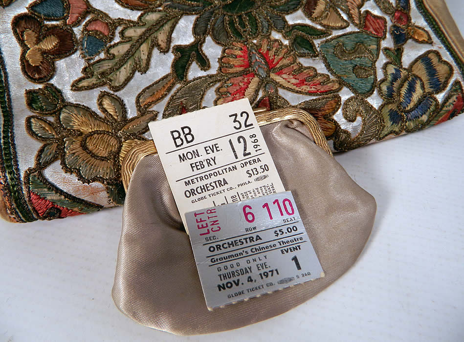 Vintage Art Deco Floral Stumpwork Embroidered Silver Leather Evening Purse. I found two ticket stubs inside from the Metropolitan Opera 1968 and Grauman's Chinese Theatre 1971.