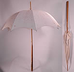 Edwardian Embroidered White Linen Wood Handle Summer Pagoda Parasol