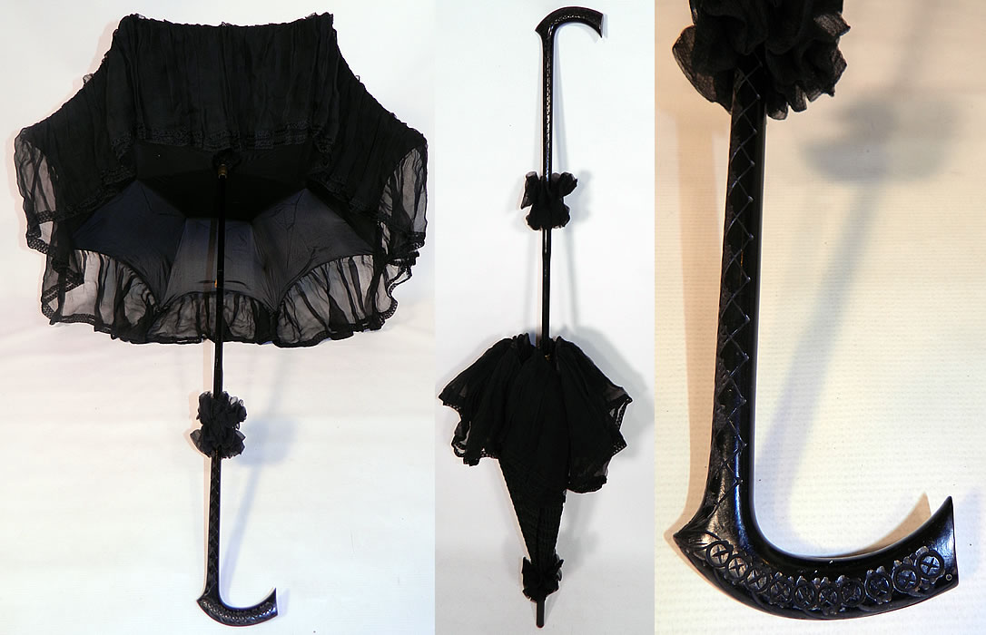 Edwardian Black Silk Zigzag Stitched Carved Ebony Handle Parasol. This Edwardian era antique black silk zigzag stitched carved ebony handle parasol dates from 1910.