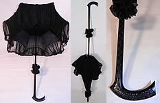 Edwardian Black Silk Zigzag Stitched Carved Ebony Handle Parasol