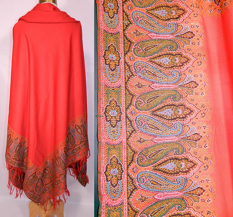 Victorian Antique Jacquard Loom Wool Large Red Square Center Paisley Shawl. This stunning shawl has wonderful workmanship and detail, with a large red wool square center, decorative red fringe border trim along the top and bottom, with a red selvage side edging.