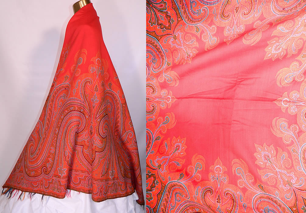 Victorian Antique Jacquard Loom Wool Red Star Circular Center Paisley Shawl. These paisley shawls were made in Kashmir and Europe in Scotland at Paisley itself. This stunning shawl has wonderful workmanship and detail, with a red wool star circular center, decorative colorful fringe border trim along the top and bottom, with green selvage sides edging.