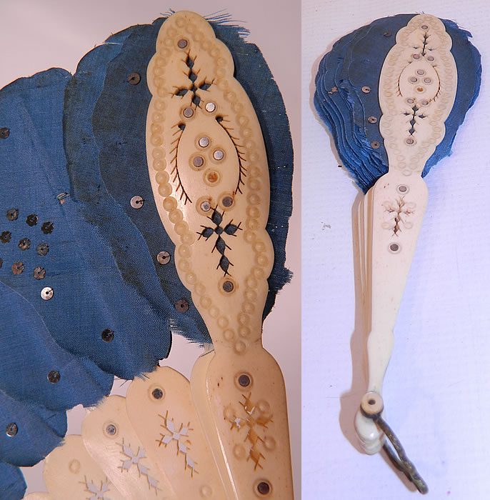 Victorian Blue Silk Feather Silver Sequin Carved Pierced Jenny Lind Fan. The fan measures 8 inches long and 19 inches wide when opened. It is in good condition, with only a few missing silver sequins, inlays and some slight fraying on the silk. This is truly a fabulous fan and great piece of antique Victoriana art! 