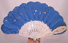 Victorian Blue Silk Feather Silver Sequin Carved Pierced Jenny Lind Fan