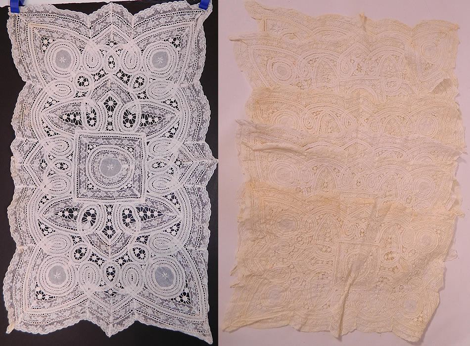 Victorian Antique Normandy Battenburg Tape Lace Placemat 6 Piece Set.This antique Victorian era 6 piece Normandy Battenburg tape lace placemat set dates from 1900. It is hand stitched, made of patchwork of laces in an off white ecru cream color, with Battenburg tape lace connecting brides, bars, a valenciennes bobbin lace trim edging and embroidered batiste round medallion centers.