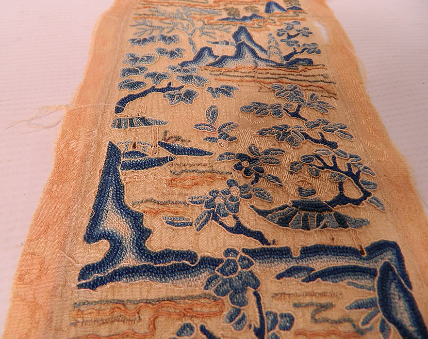 Antique Chinese Silk Embroidered Forbidden Stitch Robe Sleeve Band Cuffs Pair. Each band measures 21 1/2 inches long and is 5  inches wide. They are in as-is fair condition, with some fraying along the edgings (see close-ups). This is truly a wonderful piece of antique Chinese textile art!