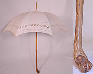 Edwardian White Linen Eyelet Burl Wood Handle Summer Pagoda Parasol