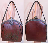 Vintage Arts & Crafts Tooled Leather Whip Stitch Jeweled Silver Frame Handbag  Purse