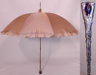 Vintage Ecru Nylon Abstract Print Amethyst Jeweled Silver Handle Parasol Umbrella