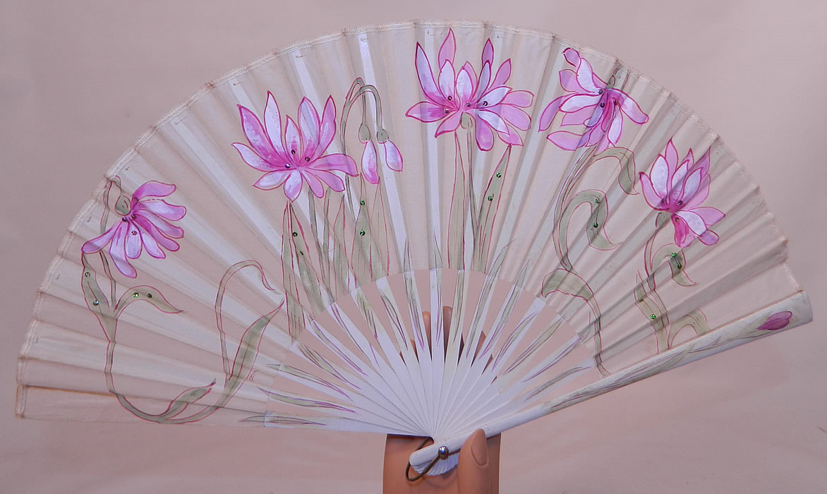 Art Nouveau Japonism Hand Painted Flower Sequin Silk Pleated Folding Fan. This Edwardian era antique Art Nouveau Japonism hand painted flower sequin silk pleated folding fan dates from 1910. 