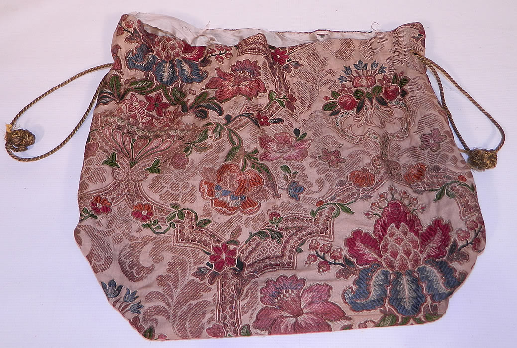 Victorian Antique  Silk Damask Brocade Jacobean Tapestry Fabric Bag Purse.It is made of a colorful woven silk damask brocade tapestry French fabric with gold metallic thread weave floral pattern Jacobean designs. 