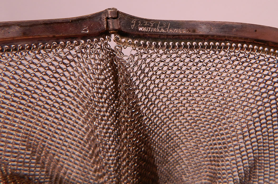 Vintage Whiting & Davis Co Silver Mesh Chainmail Flapper Purse
It is in good condition, with only some slight tarnish discoloration and a couple of loose links on the frame hinge area. This is truly a wonderful piece of Art Deco wearable art! 