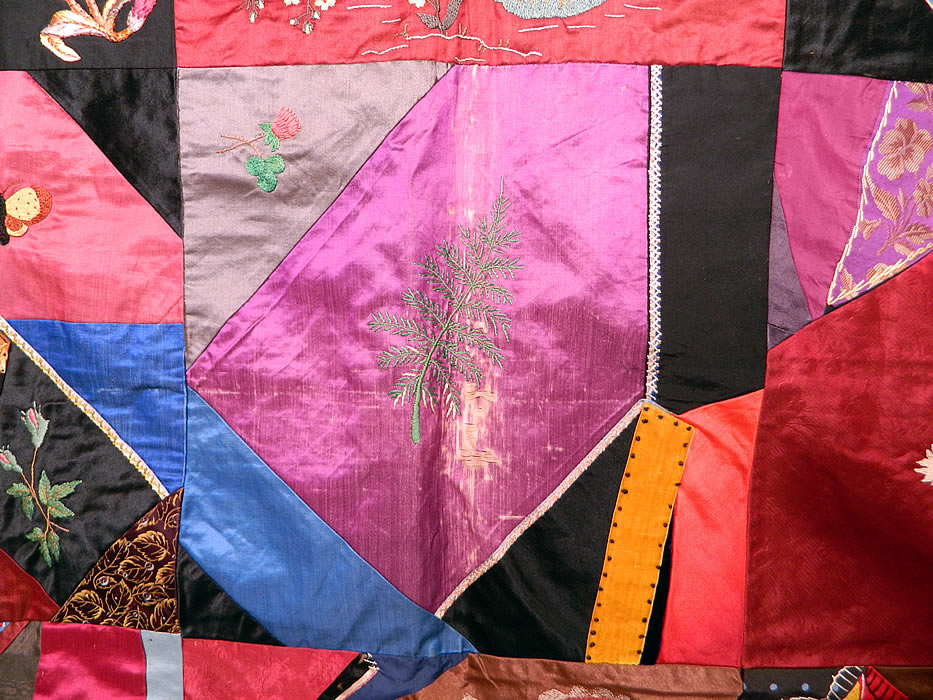 Victorian Antique Silk Embroidered Fancy Needlework Applique Crazy Quilt It is in good condition, with only 3 frayed damaged pieces (see close-ups). 