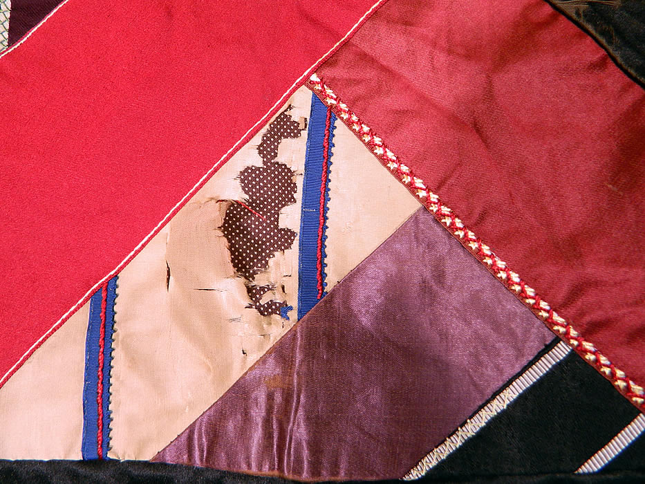 Victorian Antique Silk Embroidered Fancy Needlework Applique Crazy Quilt. It is in good condition, with only 3 frayed damaged pieces (see close-ups). 