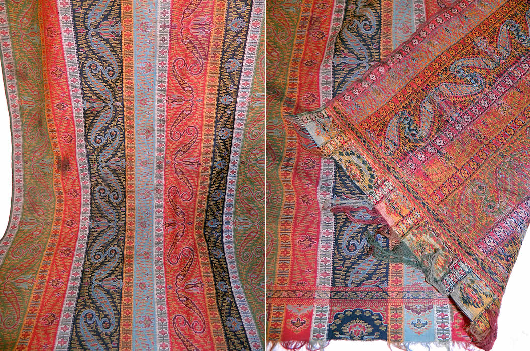 Victorian Antique Jacquard Hand Loom Wool Paisley Striped Shawl Banquet Size
These paisley shawls were made in Kashmir, Persia, India and Europe in Scotland at Paisley itself. This stunning shawl has wonderful workmanship and detail with a colorful striped floral leaf, boteh tear drop shape design and green selvage along the side edgings, with a fringed border trim on the top and bottom. 