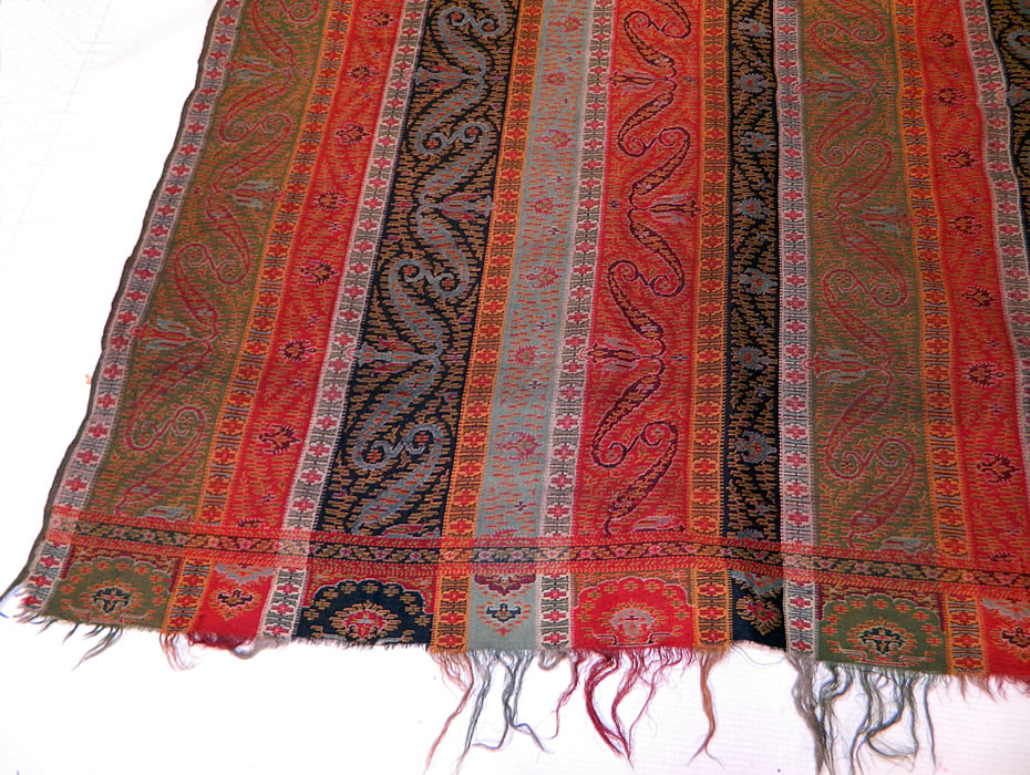 Victorian Antique Jacquard Hand Loom Wool Paisley Striped Shawl Banquet Size
This outstanding oversized large banquet size shawl throw tablecover measures 130 inches long and 60 inches wide. It is in good condition, but has not been cleaned with some small stains near the side edgings and some missing fringe trim off the ends. This is truly a wonderful piece of antique paisley textile art! 