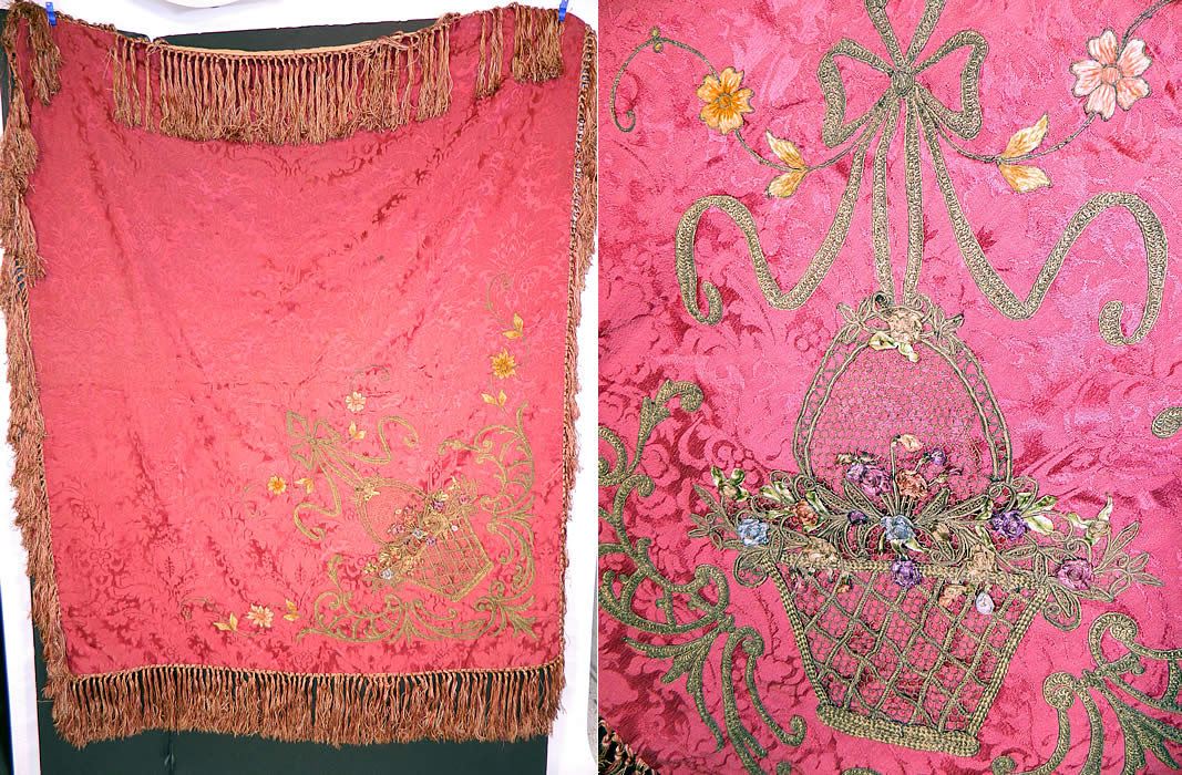 Antique Red Silk Brocade Gold Lamé Lame Rosette Ribbon Work Flower Basket Tablecloth
This exquisite antique red silk brocade gold lamé rosette ribbon work flower basket tablecloth dates from 1910. 