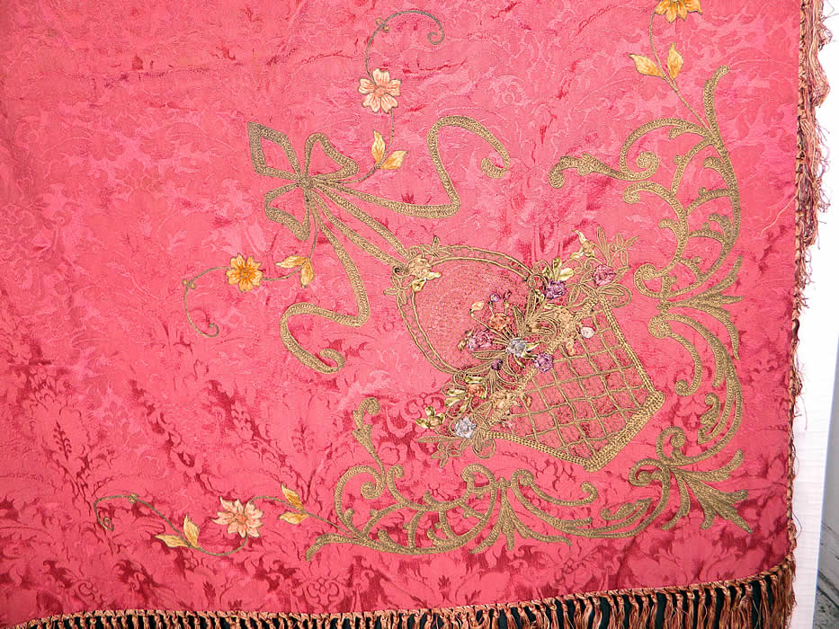 Antique Red Silk Brocade Gold Lamé Lame Rosette Ribbon Work Flower Basket Tablecloth
It is made of a rose red color silk damask floral leaf rococo pattern brocade fabric, with gold metallic lamé and colorful chenille embroidered trim accents. 