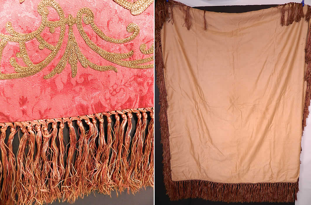 Antique Red Silk Brocade Gold Lamé Lame Rosette Ribbon Work Flower Basket Tablecloth
It is in good condition, but has not been cleaned and has a slight musty odor, with a few faint small stains. This is truly a rare and exceptional piece of antique textile art!