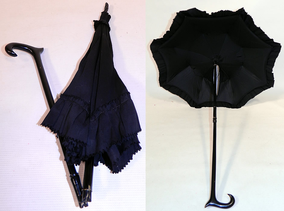 Victorian Civil War Black Silk Ebony Folding Handle Marquis Mourning Parasol
It is made of a black silk fabric, with ruffle trim edging along the bottom. 