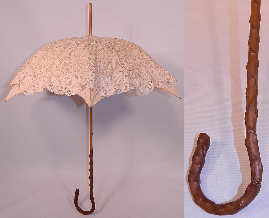 Edwardian Cream Linen Beds Maltese Bobbin Lace Burl Wood Handle Summer Parasol
This Edwardian era antique cream linen and Beds Maltese bobbin lace burl wood handle summer parasol dates from 1910. 
This is truly a wonderful parasol perfect for an Edwardian era ladies summer outing! 