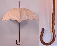 Edwardian Cream Linen Beds Maltese Bobbin Lace Burl Wood Handle Summer Parasol