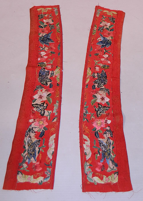 Antique Chinese Red Silk Butterfly Embroidered Wedding Robe Sleeve Band Cuff Pair
Each band measures 20 inches long and 3 1/2 inches wide. They are in good condition. This is truly a wonderful piece of antique Chinese textile art!