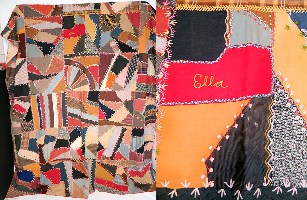 Victorian Antique Worsted Wool Embroidered Needlework Crazy Quilt
This antique Victorian era worsted wool embroidered needlework crazy quilt dates from the late 19th century.