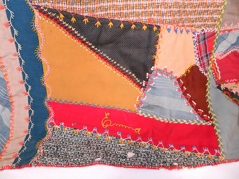 Victorian Antique Worsted Wool Embroidered Needlework Crazy Quilt
This amazing crazy quilt has a fan design in one square, embroidered flowers, a butterfly and several autographed names which were perhaps the creators of the quilt. 