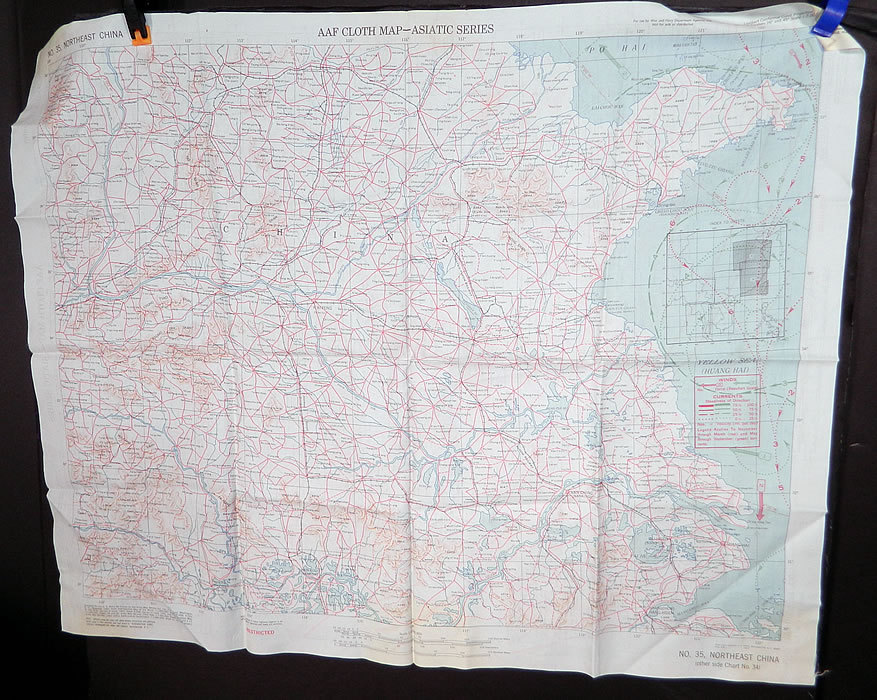 Vintage 1943 WWII Silk AAF Cloth Map Asiatic Series Southeast Northeast China
The map measures 20 by 25 inches.