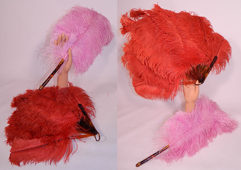 Vintage Art Deco Red & Pink Ostrich Feather Folding Fixed Flapper Fans
This vintage Art Deco red and pink ostrich feather folding fixed flapper fans dates from the 1920s. Included are two fans; one is made of a single large fluffy pastel pinkish purple lilac color dyed ostrich feather plume. This beautiful boudoir fixed fan has a faux tortoise shell handle and is missing the bottom loop which has broken off.