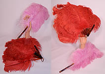 Vintage Art Deco Red & Pink Ostrich Feather Folding Fixed Flapper Fans
