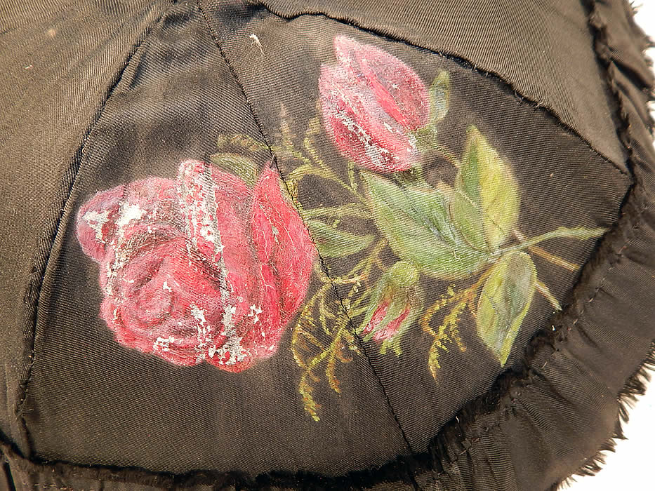 Victorian Black Silk Hand Painted Roses Grape Leaf Wood Carved Handle Parasol
The parasol measures 21 inches long and is 50 inches in circumference when opened up. It is in good condition, with only some slight wear to the paint on the rose decoration and a few small splits on the white silk fabric lining inside (see close-ups).