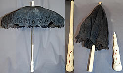 Victorian Antique Black Chantilly Lace Carved Pierced Finial Handle Parasol
