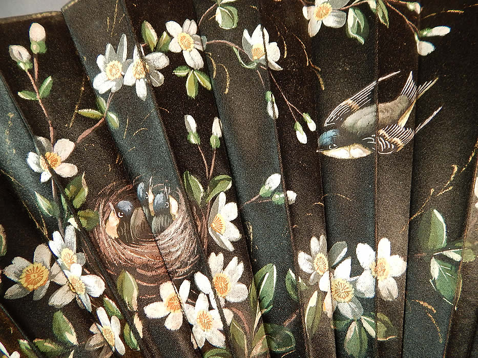 Victorian Black Silk Hand Painted Magnolia Chickadee Birds Decoupage Folding Fan
It is made of a pleated black silk fabric, with hand painted magnolia flowers, chickadee birds and nest design. 